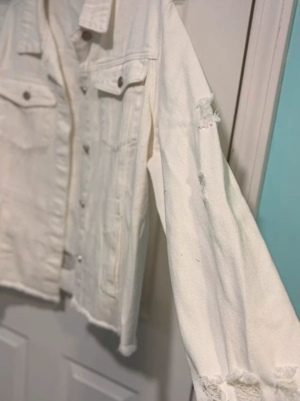 White Distressed Denim Jacket Frayed Hem Oversized Shacket Size XL